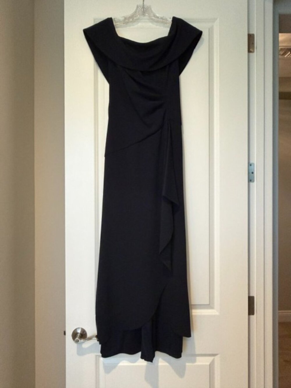 Xscape Navy Blue Draped Off-the-Shoulder Gown — Size 10